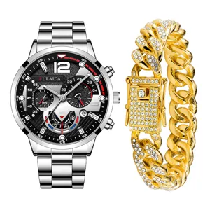 Orologio da uomo al quarzo in acciaio inossidabile e braccialetto cubano, design elegante.