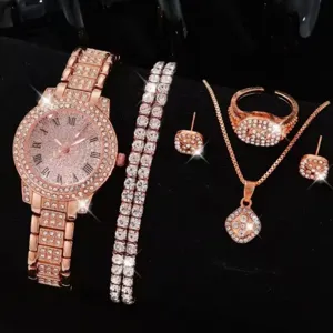 Set di gioielli con orologio in oro rosa e strass con bracciale, collana e orecchini eleganti.