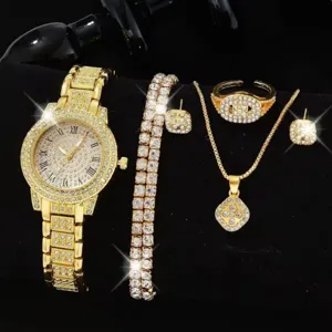 Lussuoso set di orologi e gioielli in strass dorati con collana, orecchini, anello e bracciale.