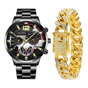 Orologio uomo al quarzo cinturino acciaio con bracciale catena strass set moda elegante
