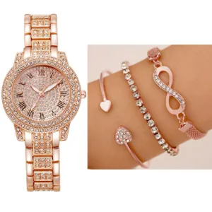 Orologio Quarzo Strass Oro Rosa Donna Moda Bracciale Infinito Cuore Gioielli Set
