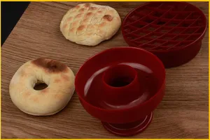 Red plastic baking mold set for hollow cakes bread and donuts detail view practical kitchen tool