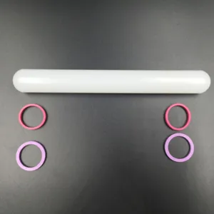 Non-stick rolling pin detail view with colorful thickness rings for baking fondant cakes.