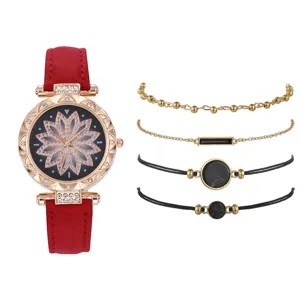 Orologio donna e set bracciali cinturino rosso quadrante strass gioiello moda elegante giorno.