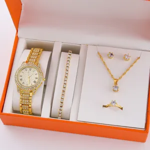Lusso donne strass quarzo orologio braccialetto collana anello orecchini gioielli set regalo.