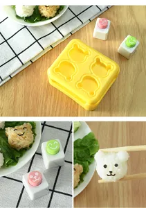 Bear rice ball mold set with seaweed punchers for cute bento decoration and kitchen DIY.