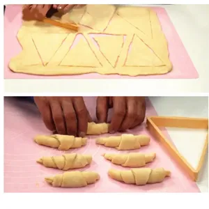 Gedetailleerd overzicht van het snijden en rollen van deeg met het handige croissantgereedschap.