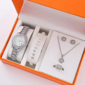 Donna lusso strass orologio bracciale collana orecchini anello set regalo gioielli.