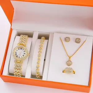 Set di orologio bracciale collana orecchini anello strass lusso in scatola regalo arancione.