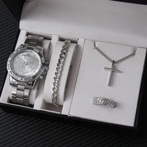 Chic set di orologio al quarzo argentato con bracciale, collana con croce e anello.