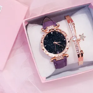 Set regalo elegante orologio da donna al quarzo e bracciale con quadrante stellato.