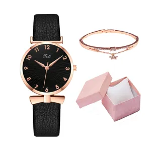 Set orologio da polso donna al quarzo con cinturino in pelle nera e bellissima scatola regalo.