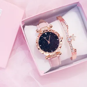 Orologio al Quarzo da Donna Moda Cielo Stellato Con Cinturino in Ecopelle Strass Casual Stile Ins Set Regalo Orologio Braccialetto