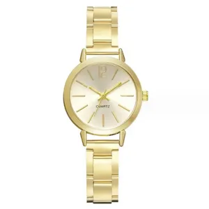 Elegante orologio al quarzo dorato da donna con cinturino in metallo e quadrante bianco.