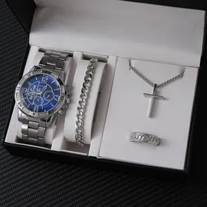 Squisito set regalo con orologio al quarzo blu, bracciale catena e collana con croce.