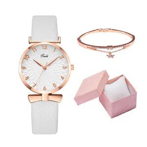 Orologio donna bracciale set regalo oro rosa cinturino bianco elegante moda casual