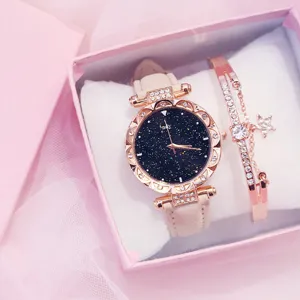 Grazioso set regalo con orologio al quarzo cielo stellato e bracciale in scatola rosa.