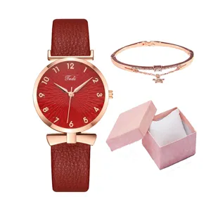 Orologio da polso donna cinturino in pelle rossa con bracciale e confezione regalo.