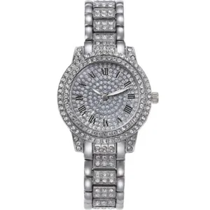 Orologio al quarzo con strass da donna argento metallo scintillante quadrante numeri romani