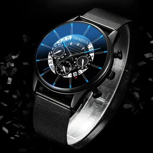 Elegante orologio da uomo al quarzo con cinturino in maglia nera e dettagli blu raffinati.