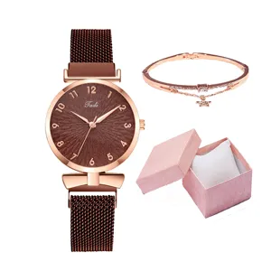 Set orologio da donna al quarzo con cinturino magnetico marrone e bracciale stella.