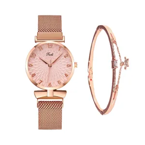Elegante orologio al quarzo da donna in oro rosa con bracciale di cristallo.