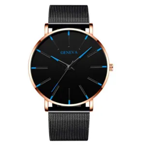 Orologio al quarzo da uomo alla moda con quadrante nero cassa oro rosa e cinturino in acciaio.