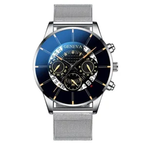 Orologio da uomo al quarzo elegante con quadrante blu e cinturino in maglia d'acciaio.