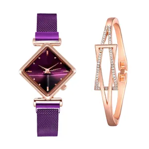 Set orologio al quarzo donna con quadrante diamante viola e bracciale geometrico strass.