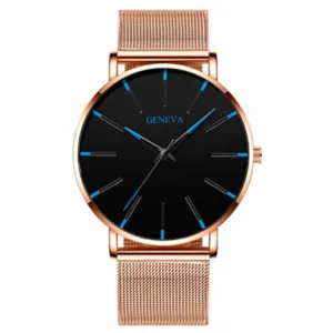 Orologio al quarzo da uomo elegante con cinturino in maglia d'acciaio oro rosa, quadrante nero.