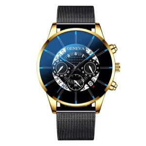 Orologio Quarzo Uomo Cassa Oro Cinturino Maglia Nera Elegante Stile Business Casual