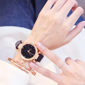 Orologio donna al quarzo quadrante stellato cassa oro rosa cinturino pelle moda