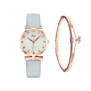 Set orologio al quarzo da donna e bracciale in cristallo, cinturino pelle grigia, oro rosa.