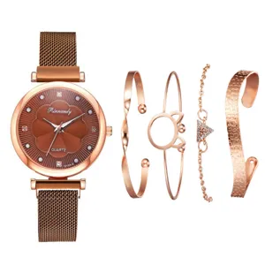 5-teiliges Roségold Quarzarmbanduhr und Armband Set für Damen, elegantes Mesh-Armband Modestil.