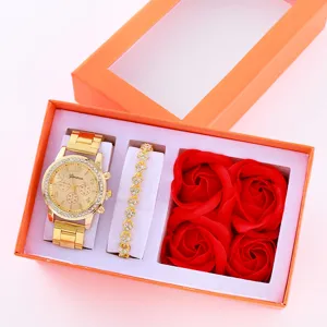 Set di confezioni regalo con orologio al quarzo con strass dorati e braccialetto rosa.