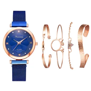 Damen Mode Quarz Uhr und Armband Set mit blauem Netzarmband und Roségold Details.