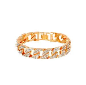 Bracelet gourmette cubaine dooree avec strass, bijoux de chaine style hiphop pour hommes femmes.