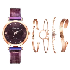 5-teiliges Damenuhr Armband Set rosgoldenes Netzarmband lila Blumen Zifferblatt Geschenke