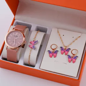 Set regalo donna orologio al quarzo bracciale collana orecchini farfalla rosa elegante.