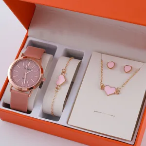 Elegante set orologio donna al quarzo con bracciale collana e orecchini cuore rosa in box.