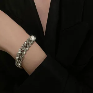 Superbe bracelet gourmette cubaine strass argenté femme homme bijoux style hip hop