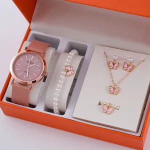 Elegante set di gioielli con orologio al quarzo rosa braccialetto collana orecchini
