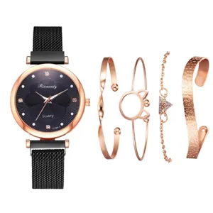Damen Quarzurhr und Armband Set, schwarzes Magnet-Mesharmband, elegantes Modegeschenk Set.