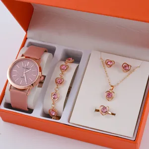 Set orologio donna rosa al quarzo moda con bracciale collana anello cristallo box.