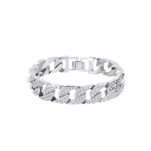 Bracelet gourmette cubain en strass argenté pour style hip-hop, bijoux de bras tendance.