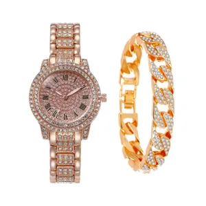 Ensemble montre strass et chaîne cubaine, montre hip-hop scintillante en or rose bracelet.