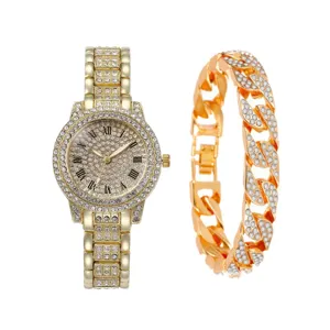 Ensemble montre et bracelet gourmette cubaine dores avec des strass pour style hip hop.