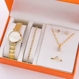 Elegante orologio al quarzo dorato e set di gioielli abbinato con bracciale, collana, orecchini.