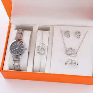 Donna moda orologio quarzo gioielli regalo set con collana braccialetto orecchini e anello