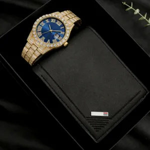 Hiphop Luxueux Strass Montre à Quartz Chaîne Cubaine Collier Croix Bague Ensemble Hommes Femmes Mode Bijoux